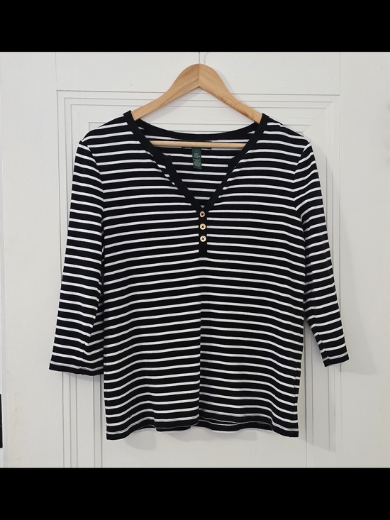 Ralph Lauren Tops - Ralph Lauren Black & White Striped Henley Top, 3/4 Sleeves, Euc